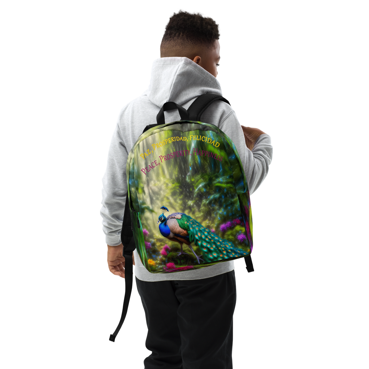 Minimalist Backpack Featuring a Peacock Symbol (Spanish Text 