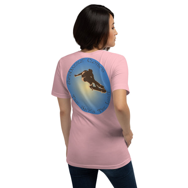 Pink Color T-shirt of Skateboarder with message: The Sky's The Limit