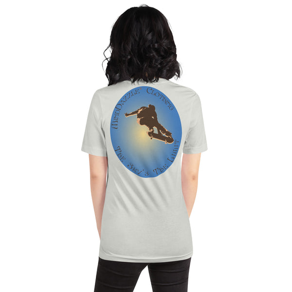 Silver Color T-shirt of Skateboarder with message: The Sky's The Limit
