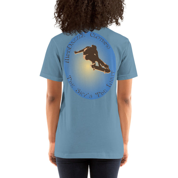 Steel Blue Color T-shirt of Skateboarder with message: The Sky's The Limit
