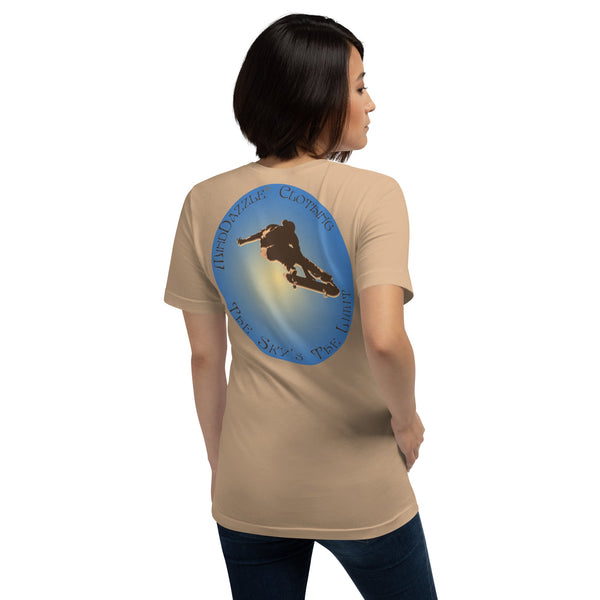 Tan Color T-shirt of Skateboarder with message: The Sky's The Limit