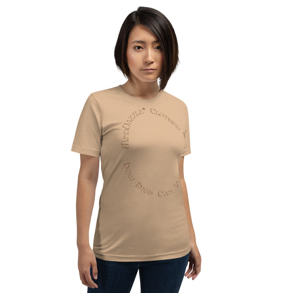 Tan Color T-shirt of Skateboarder: Front text: How High Can You Go?