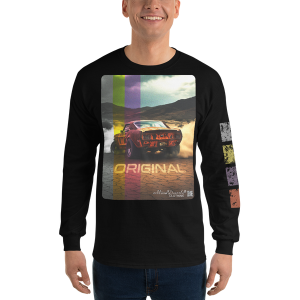 "Original" vintage car t-shirt with "distressed" left sleeve pattern Color: Black: Long sleeve