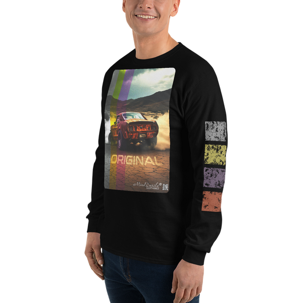 "Original" vintage car t-shirt with "distressed" left sleeve pattern Color: Black: Long sleeve