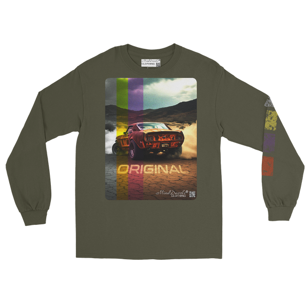 "Original" vintage car t-shirt with "distressed" left sleeve pattern Color: Military Green: Long sleeve