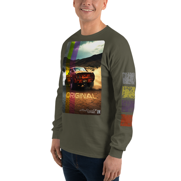 "Original" vintage car t-shirt with "distressed" left sleeve pattern Color: Military Green: Long sleeve