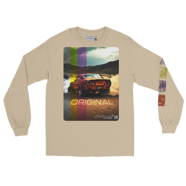 "Original" vintage car t-shirt with "distressed" left sleeve pattern Color: Sand: Long sleeve