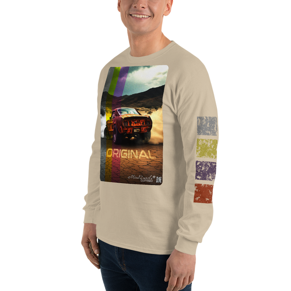 "Original" vintage car t-shirt with "distressed" left sleeve pattern Color: Sand: Long sleeve