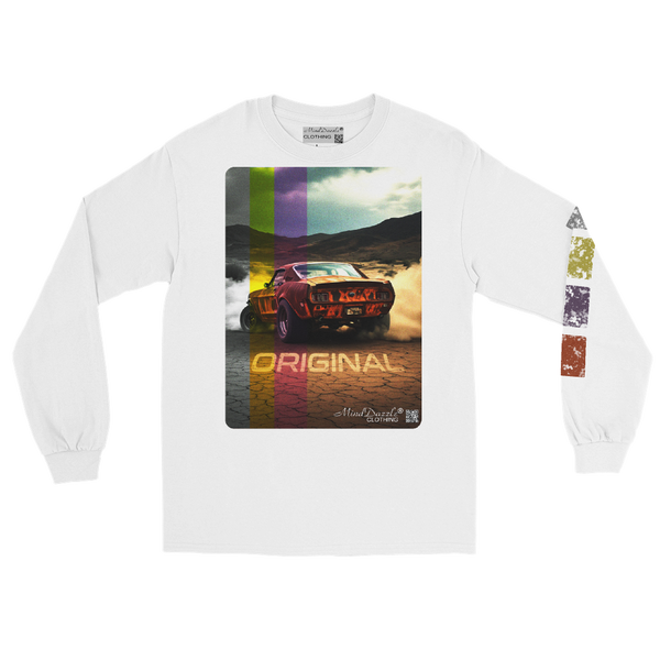 "Original" vintage car t-shirt with "distressed" left sleeve pattern Color: White: Long sleeve