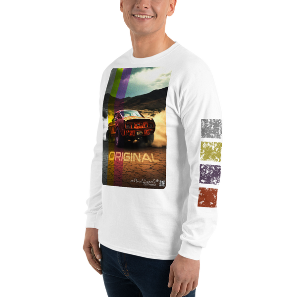 "Original" vintage car t-shirt with "distressed" left sleeve pattern Color: White: Long sleeve