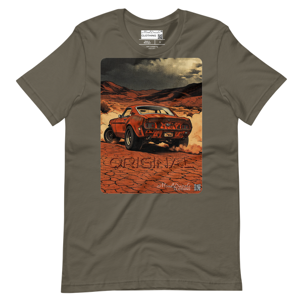 1968 fastback Mustang driven through a desert landscape with the word "original" as part of design. &nbsp;It  Created in a watercolor marker art style; T-Shirt Color: Army Green