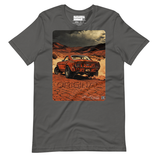 1968 fastback Mustang driven through a desert landscape with the word "original" as part of design. &nbsp;It  Created in a watercolor marker art style; T-Shirt Color: Gray Asphalt