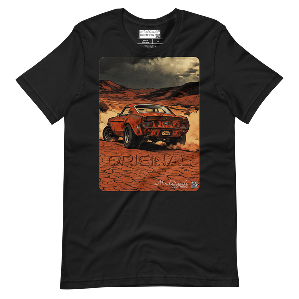 1968 fastback Mustang driven through a desert landscape with the word "original" as part of design. &nbsp;It  Created in a watercolor marker art style; T-Shirt Color: Vintage Black
