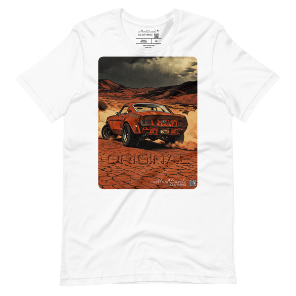 1968 fastback Mustang driven through a desert landscape with the word "original" as part of design. &nbsp;It  Created in a watercolor marker art style; T-Shirt Color: White