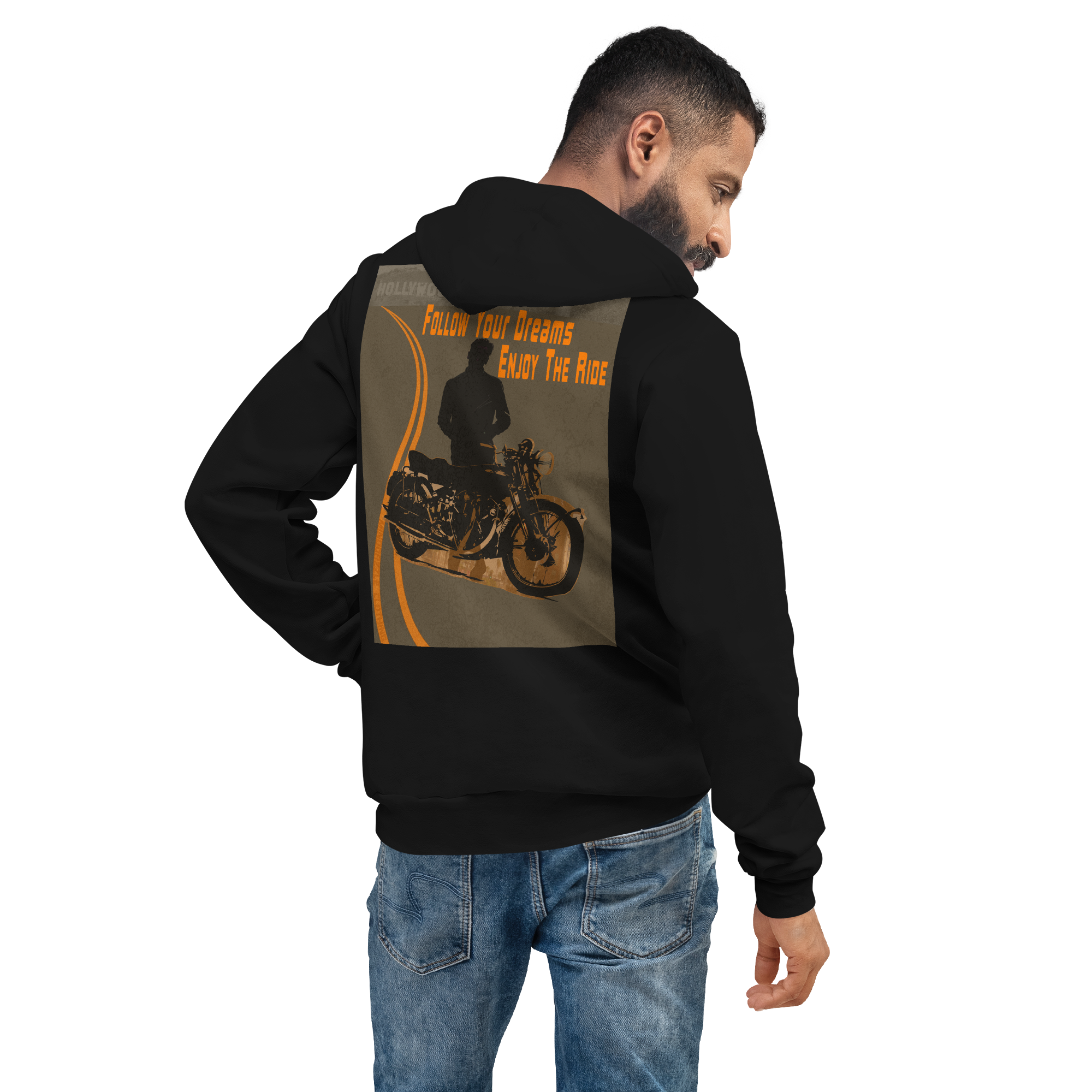 A Hollywood Story: Motorcycle, Man, Follow Your Dream, Black color Hoodie