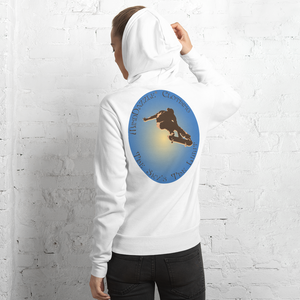 White Hoodie Back: Skateboarder mid air: The Sky's The Limit 