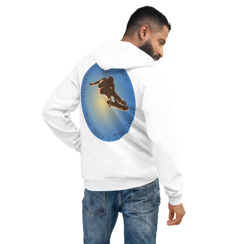 White Hoodie Back: Skateboarder mid air: The Sky's The Limit 