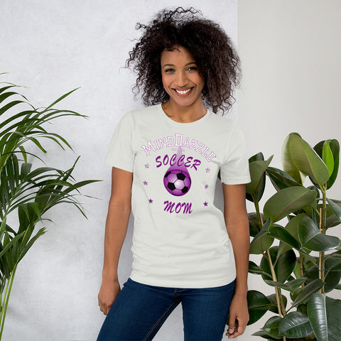 Soccer Mom T-Shirt with purple soccer ball and text on Silver shirt