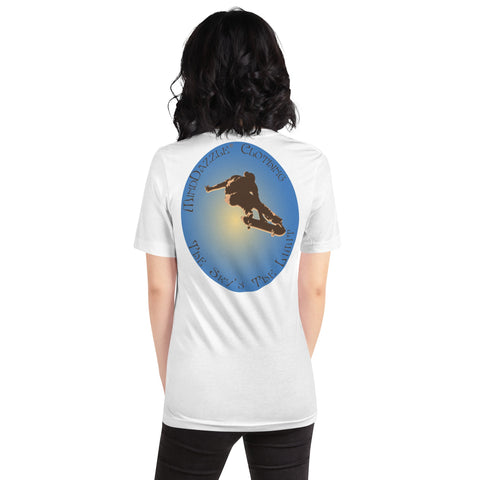 White T-shirt of Skateboarder with message: The Sky's The Limit